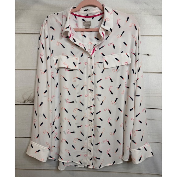 Chico's Tops - Chicos Lipstick Heart Print Button Down Shirt White Long Sleeve Size 3 XL 16/18
